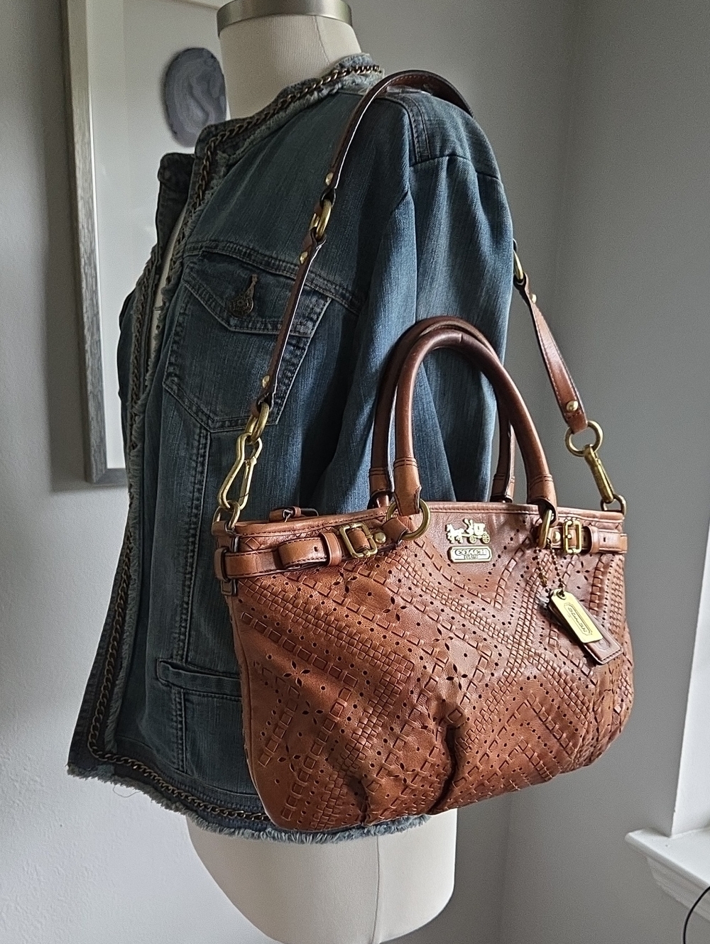COACH Saddle Madidon Sophia Criss Cross Leather Satchel Shoulder Bag